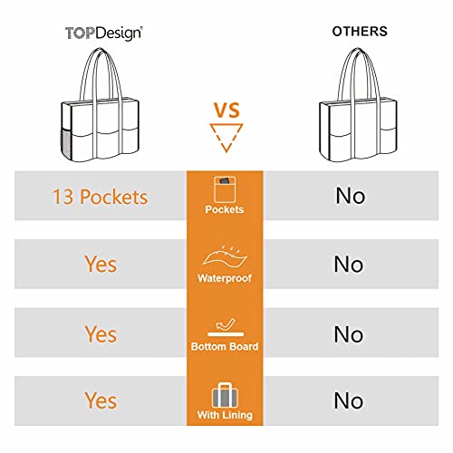 TOPDesign Utility Water Resistant Tote Bag with 13 Pockets, Top Zipper Closure & Thick Bottom Support, for Working Women