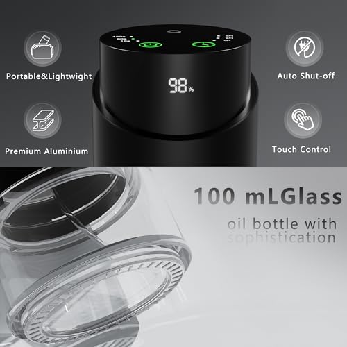 Waterless Essential Oil Diffuser - Rechargeable Black Aluminum Alloy 100ml Scent Machine with 4 Timers, 3 Mist Levels & Ve...