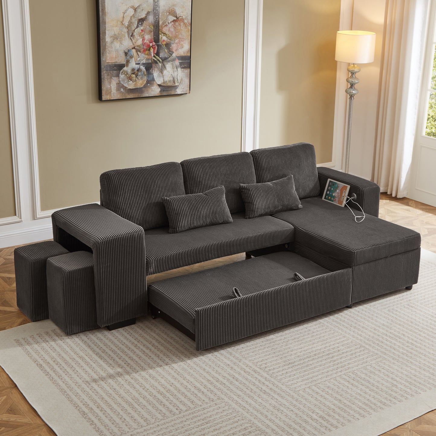 Modern L-Shaped Convertible Sofa Bed, 3-in-1 Convertible Sofa Bed With Internal Storage Chaise, Nesting Footstools, Integrated Charging Station & Adjustable Armrest Side Storage, Corduroy Fabric, Grey