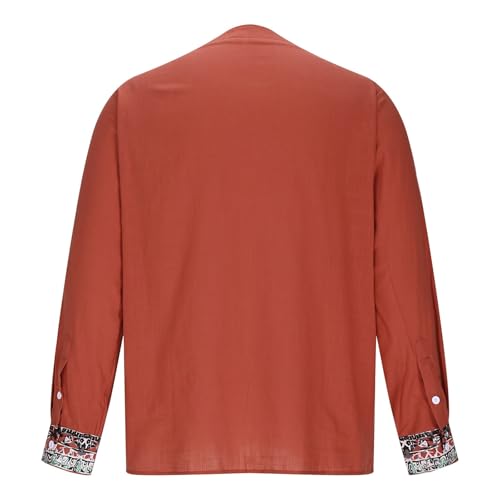 Mens Cotton Shirts Vintage Ethnic Floral Tops Boho V Neck Beach Sweatshirts Trendy Casual Long Sleeve Fall Outerwears