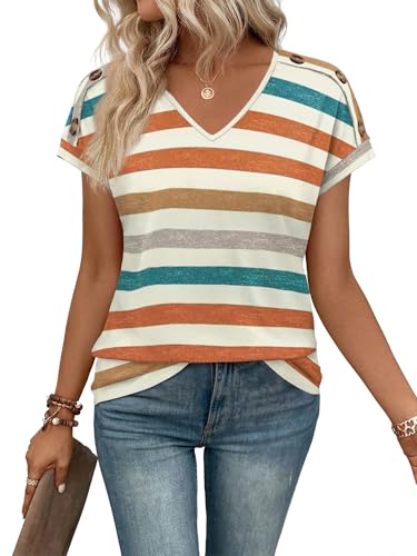 XIEERDUO Womens Summer Tops Short Sleeve Shirts with Buttons V Neck Trendy Tunic Blouses Beach Vacation Clothes
