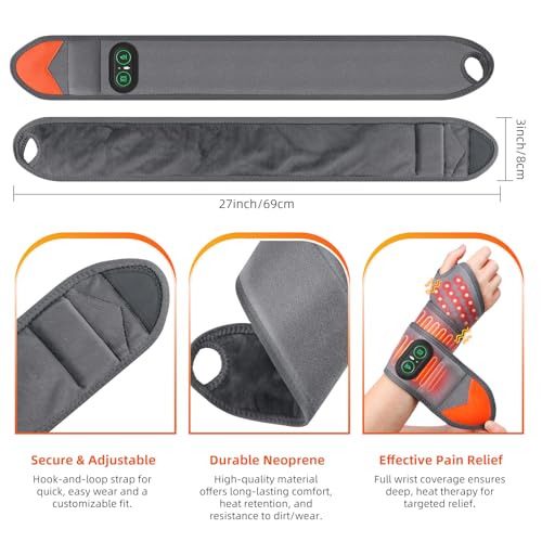 Cordless Wrist Heating Pad for Pain Relief, Wrist Massager for Carpal Tunnel, Heated Wrist Wrap Brace for Arthritis, Red L...