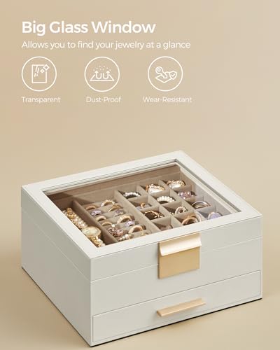 SONGMICS GISELLA Collection - Jewelry Box Organizer, 2-Layer Jewelry Storage with 1 Drawer, Shiny Metal Hardware, Glass Li...