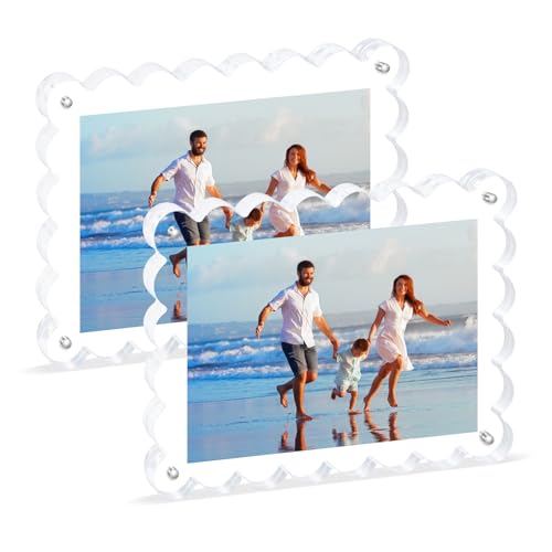 Novacrylion 2Pack Acrylic Magnetic Photo Frame 5x7 Inch - Sleek Scalloped Design, 10+10mm Thick Crystal Clear Block, Frees...