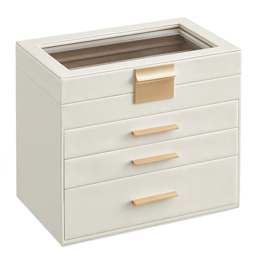 SONGMICS GISELLA Collection - Jewelry Box Organizer, 4-Layer Jewelry Storage with 3 Drawers, Shiny Metal Hardware, Glass L...