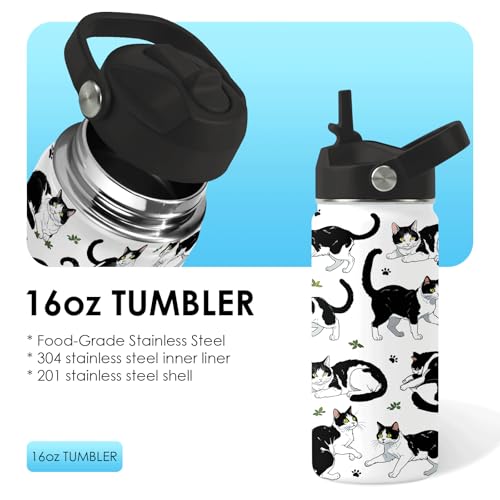Cat Gifts for Kids - 16oz Black Cat Water Bottle with Straw Lid, Stainless Steel Insulated Bottle, Leak Proof, BPA-Free, f...
