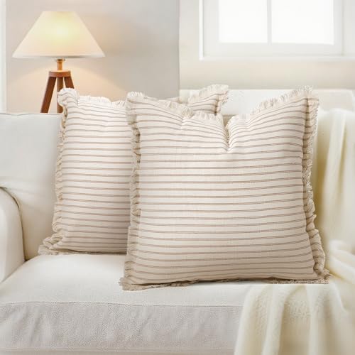HEAVYWOOD Throw Pillow Covers Striped Boho Cushion Cover with Tassels Fringe Linen Accent Neutral Decorative Pillowcase fo...