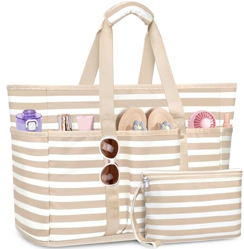 TEUEN Large Beach Bag with Zipper, 12 Pockets Waterproof Sandproof Pool Bag Womens Mesh Beach Tote Bag for Travel Vacation