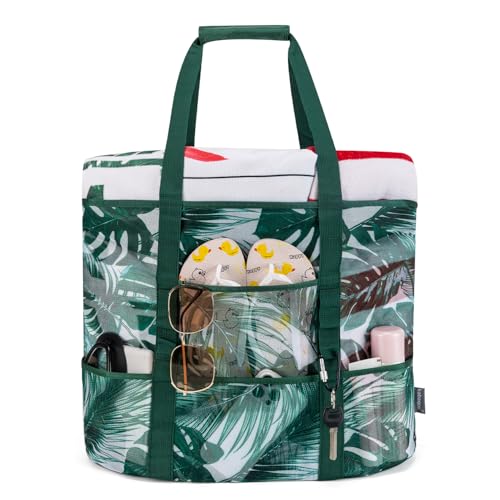 KABAQOO Mesh Beach Bag, Extra Large Beach Bags with 9 Pockets & Zipper Waterproof Lightweight Beach Tote for Beach/Pool Tr...