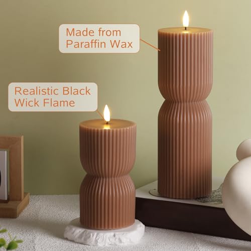 Girimax Warm Brown Ribbed Flameless Pillar Candles with Remote, Real Wax Flickering Battery LED Candles Christmas Decor Gi...