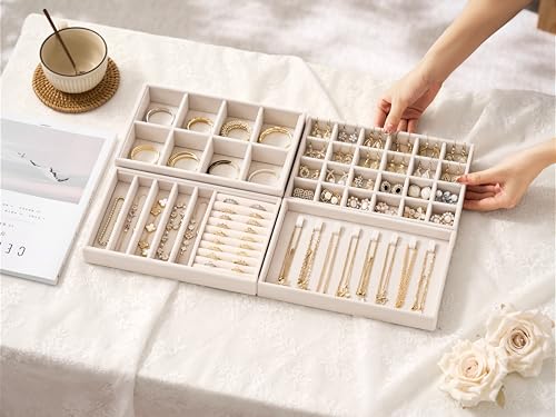 Velvet Jewelry Drawer Organizer Trays – 4-Layer Stackable Jewelry Storage Inserts Set, Beige Jewelry Tray Set for Earring...