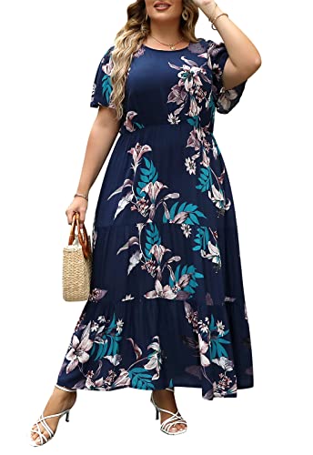 Nemidor Plus Size Maxi Dresses for Curvy Women Summer Casual Boho Ditsy Floral Print Layered Flared Long Dress with Pocket