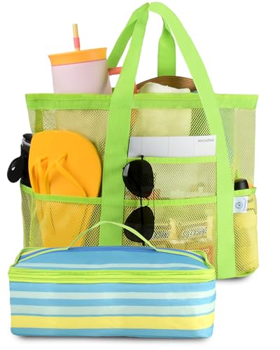 Genteen Beach Bag for Women, Mesh Tote Bags with Zipper, Sandproof Vacation Essentials with Cooler for Swim Cruise Pool