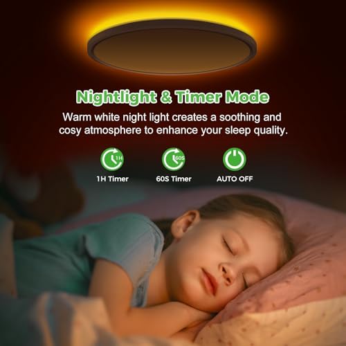 zemty 12 Inch LED Ceiling Light with Night Light 1800K, 3000K/4000K/6500K Dimmable Light Fixtures with Remote Control,24W ...