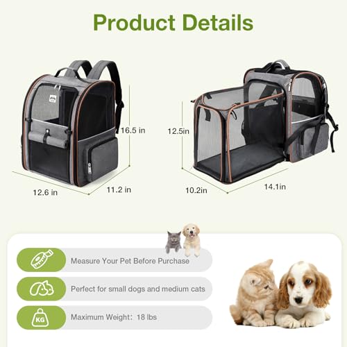 Lekebobor Cat Carrier Backpack, Expandable Pet Carrier with Sun Shade & Full Front Opening, Breathable Mesh Backpack for S...