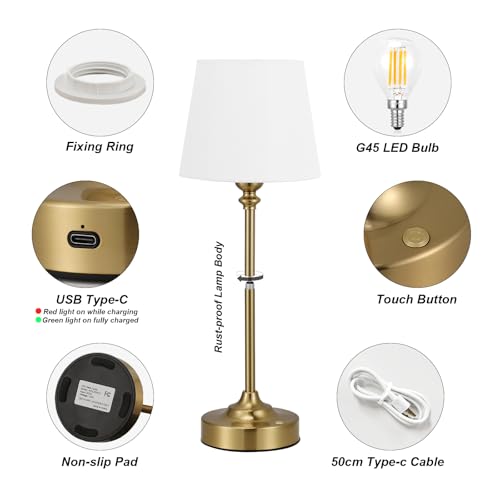 Cordless Table Lamp Rechargeable Gold - 1 Pack Brass 4000mAH Battery Operated Lamp for Decor, 3000K Stepless Dimming Touch...