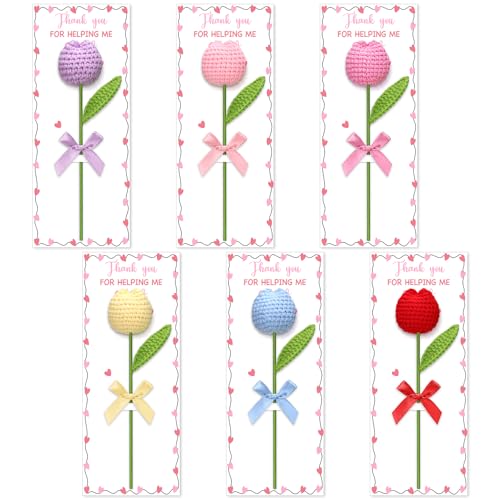 Wavwavw 6 Sets Teacher Appreciation Week Gifts Bulk Positive Handmade Tulip Crochet Flower Thank You for Helping Me Grow F...