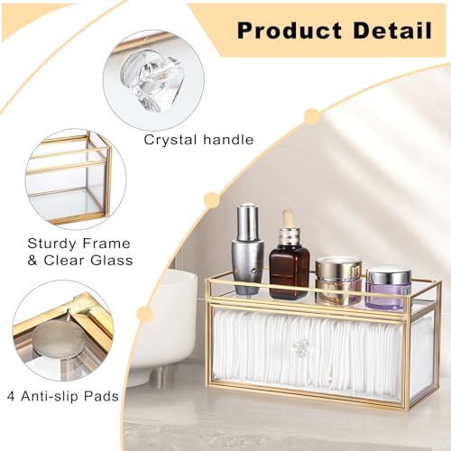 GUSHBIN Clean Pad Storage Box Gold Glass Pull and Out Drawer with Tray Rectangular Cotton Pads Holder Vanity Organizer for...