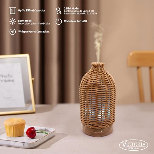 VICTORIA AROMA Essential Oil Diffuser - Multifunction Aromatherapy Diffuser 7 LED Color Changing Light 100ML Rattan Diffus...