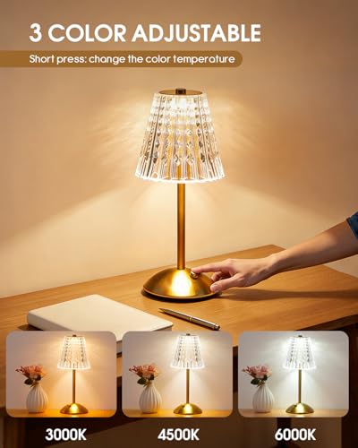 Nusogon Rechargeable Cordless Table Lamp, Touch Control Crystal Desk Lamp with 3500mAh Battery, 3 Color Dimmable LED Small...
