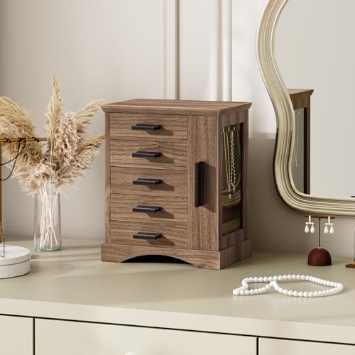 HOOBRO Jewelry Box for Women, Jewelry Organizer with Arc-Shaped Bottom, Wooden Jewelry Box, Side Transparent Window, Verti...