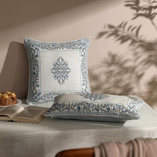 ISAENNE Design Linen Square Throw Pillow Covers 18"x18" Pack of 2, Cottage Farmhouse Cushion Covers with Thorn Vine Patter...