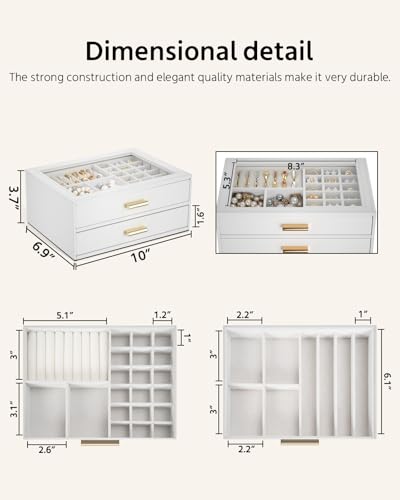AKOZLIN Jewelry Box with Clear Lid Functional Leather Jewelry Storage Organizer Case 2 Drawers for Women Girls Necklace Ri...