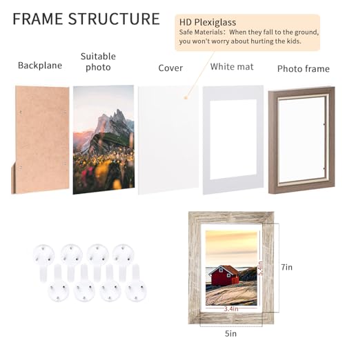 5x7 Picture Frames Set of 8, Rustic Picture Frames Multi Wood-Color,Vertical and Horizontal Formats for Wall Hanging and T...
