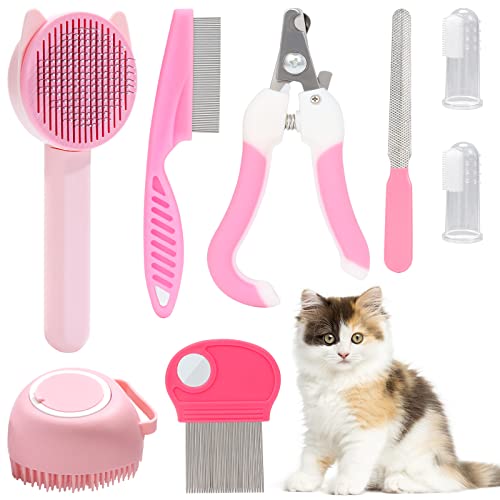 VCZONE 8 Pcs Cat Brush Grooming Kits, Pet Self Cleaning Kit with Pet Nail Clipper and File, Flea Comb, Pet Shampoo Bath Br...