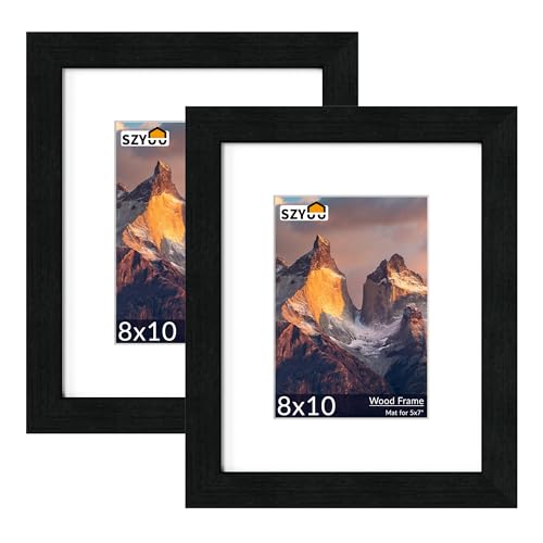 SZYUU 8x10 Picture Frame Set of 2 - Wood Frame with Real Glass, Display 5x7 with Mat or 8x10 without Mat, Photo Frame for ...