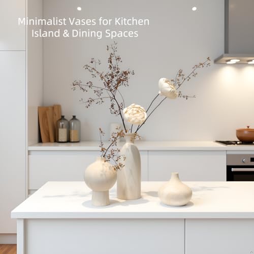SincereLuxe White Ceramic Vase Set of 3 in Beige, Modern Aesthetic Stone-Look Textured Pottery Vases for Shelf & Bookshelf...