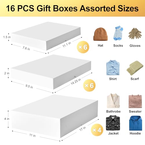 Ocmoiy 16 Pack White Gift Boxes with Lids, Assorted Sizes (6 Small 11", 6 Medium 14", 4 Large 17") Gift Boxes for Present...