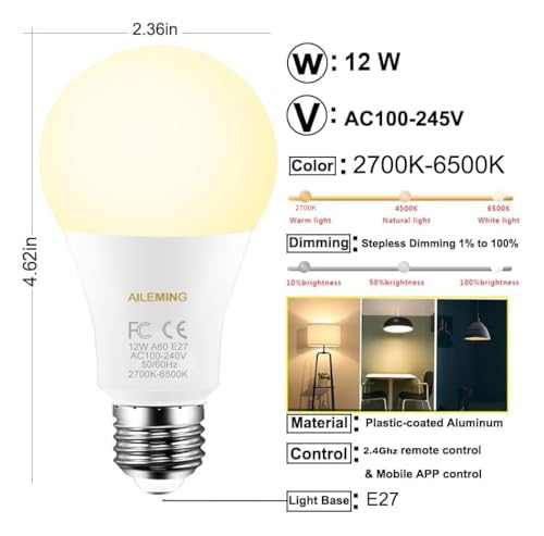 AILEMING LED Bulb with a 2.4GHz Remote Control, A60 Smart Light Bulb for Lamp, Bedroom, Mood Soothing,12W 1000lm,100W Equi...