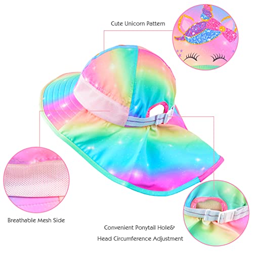 Girls Sun Hat for Kids UV Protection Unicorn Summer Hat Beach Play Hats Wide Brim Neck Flap for Girls Ponytail Hat 2-9 Years