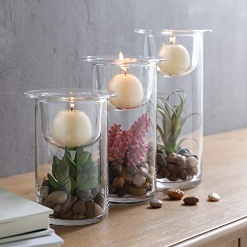 KMwares Glass Cylinder Candle Holders Set of 3 with Artificial Succulent and Decorative Stones, Hurricane Candle Holder Ce...