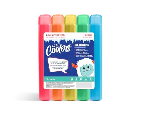 Cool Coolers by Fit + Fresh, 5 Pack Days of the Week Ice Blocks, Compact Reusable Ice Packs for Lunch Boxes & Coolers, Mul...
