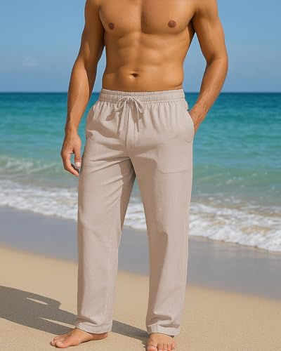 BUXKR Men's Linen Pants Beach Casual Cotton Summer Lightweight Elastic Waist Drawstring with Deep Pockets
