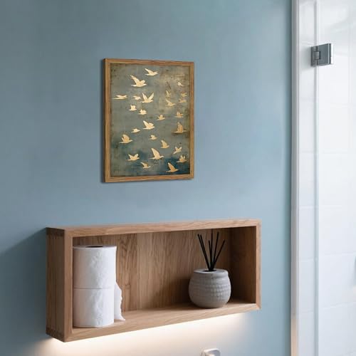 Framed Flock of Birds Canvas Wall Art, Vintage Minimalist Abstract Landscape Painting, Neutral Gold Birds Spiritual Wall D...
