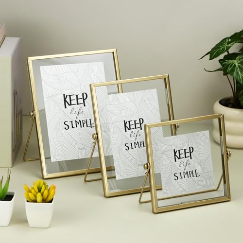 QWORK Gold Floating Picture Fram, Set of 3 Glass Double Panel Metal Frame, Includes 5x7, 4x6, 4x4, Tabletop Display for Po...