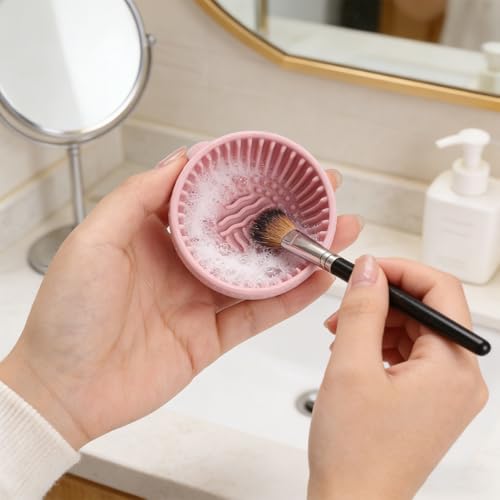 Silicone Makeup Brush Cleaner Bowl – Portable Cosmetic Brush Scrubber Mat & Washing Tool – Textured Cleaning Cup for Face...