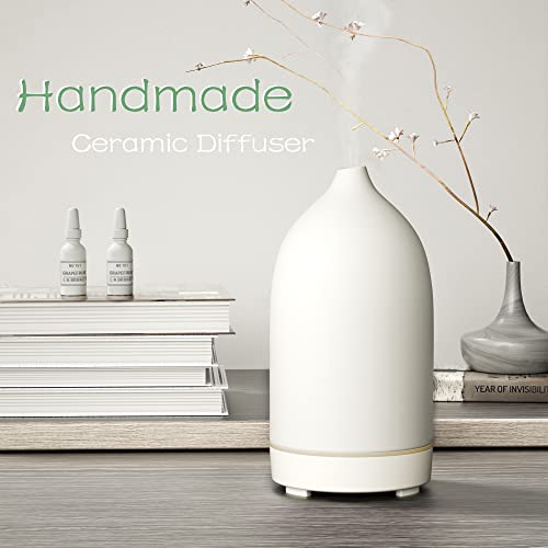 Essential Oil Diffusers,Handmade Ceramic Aromatherapy Diffuser for Room and 9 Colors Night Light for Home,Auto-Off (White)