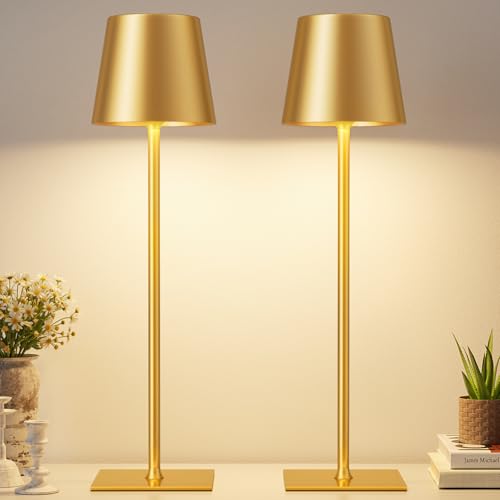 Gold Cordless Rechargeable Table Lamp, 2 Pack Portable Desk Lamp with 5000mAh Battery, Touch Control Stepless Dimming, Wir...