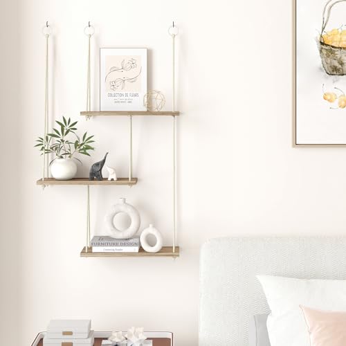 Fixwal Hanging Plant Shelves for Wall, 3 Tier Boho Wall Decor Plant Rack Floating Shelves Rope Rustic Wood Organizer Stora...