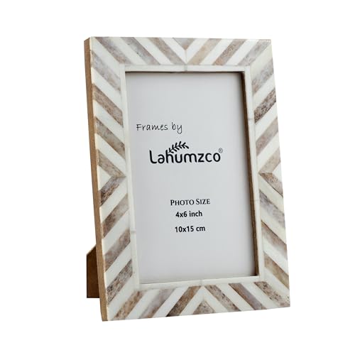 Lahumzco 4x6 Handmade Chevron Picture Frame – Brown & White Bone Inlay Design | Rustic Photo Frame for Tabletop & Wall, De...