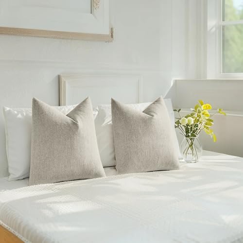 HAUSSY Natural Linen Throw Pillow Covers 18x18 Inch Set of 2,Boho Decorative Faux Linen Throw Pillows Cozy Farmhouse Accen...