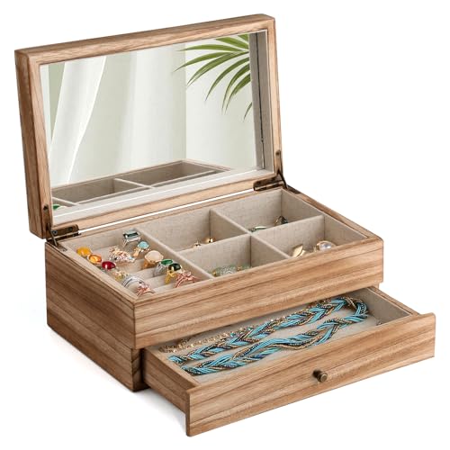 Meangood Jewelry Box Organizer for Women, 2 Layer Large Jewelry Storage Case, Rustic Wooden Jewelry Box with Mirror & Ring...
