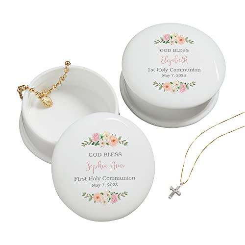 Personalization Universe Pink Porcelain Personalized Floral First Communion Jewelry Box - Customizable with Name, Date & M...