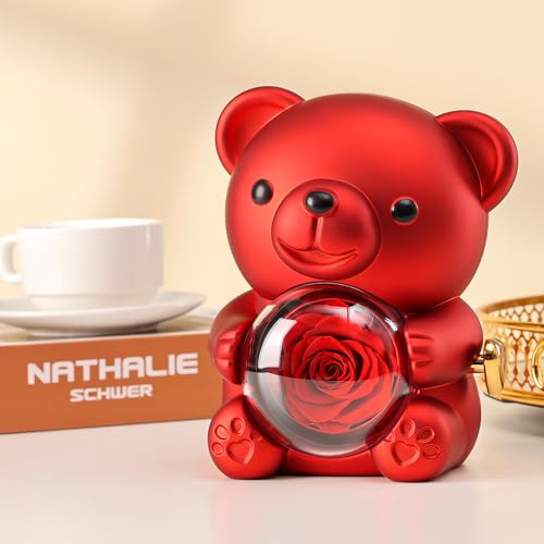 Cute Teddy Bear with Preserved Rose - A Real Rose Flower in Bear with Elegant Gift Box - Romantic Gift for Her in Mother's...