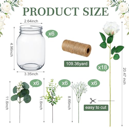 Yuxung 43 Pcs/ 6 Set Rose Mason Jar Table Centerpiece Mason Jar Vases Faux Floral with Rope Boho Rustic Flower Table Decor...