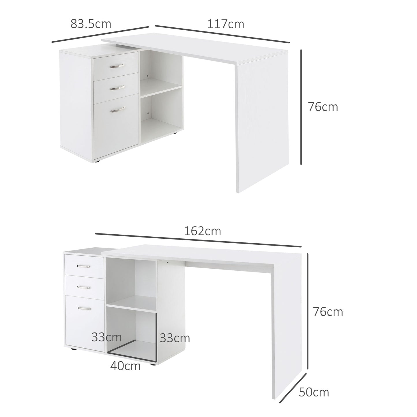 L Shaped Computer Desk, Reversible Home Office Desk With Drawers, File Cabinet And Storage Shelves, Study Table, 117 X 83.5 X 76cm, White